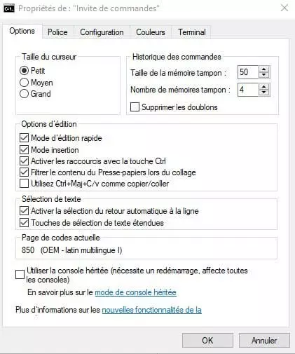 Propriétés de l’invite de commandes de Windows