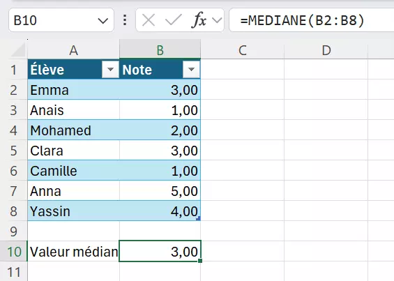 Excel : médiane d’une liste de notes