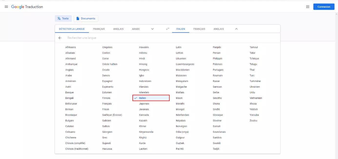 Choix de la langue dans Google Traduction