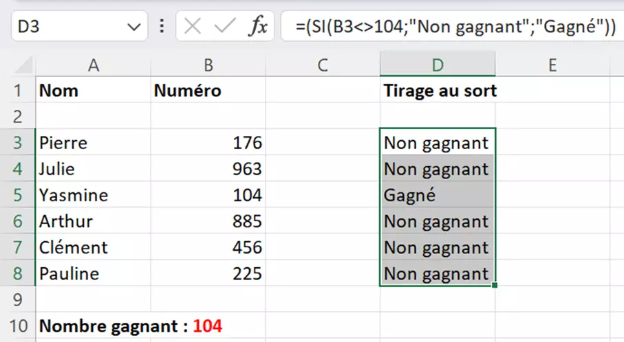 Excel : fonction SI avec le signe DIFFÉRENT DE