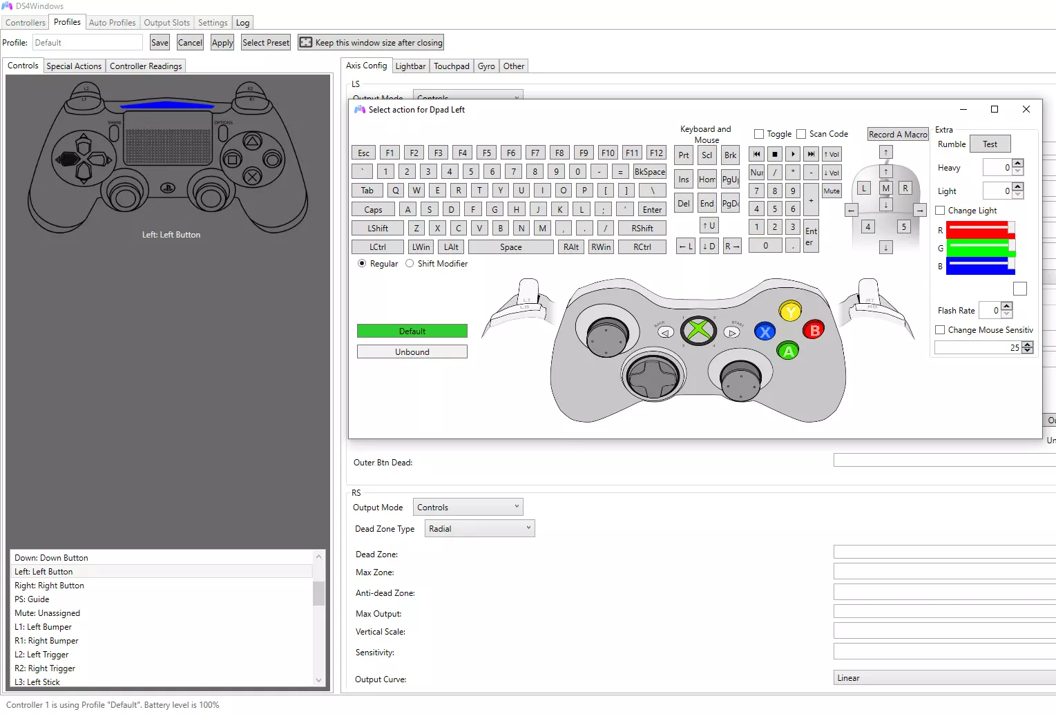 Capture d’écran de la configuration des boutons dans le menu de la manette DS4