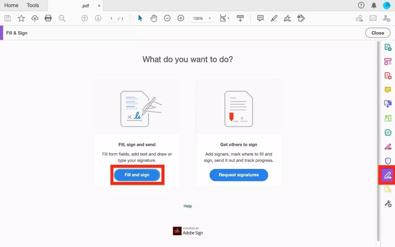 Menu Adobe Acrobat « Remplir et signer » avec les options