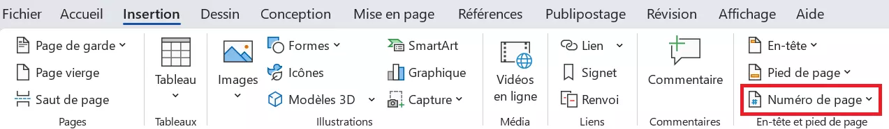 Menu pour les numéros de page Word