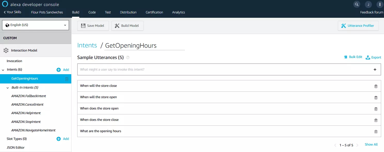 Alexa Developer Console: définition des intentions.