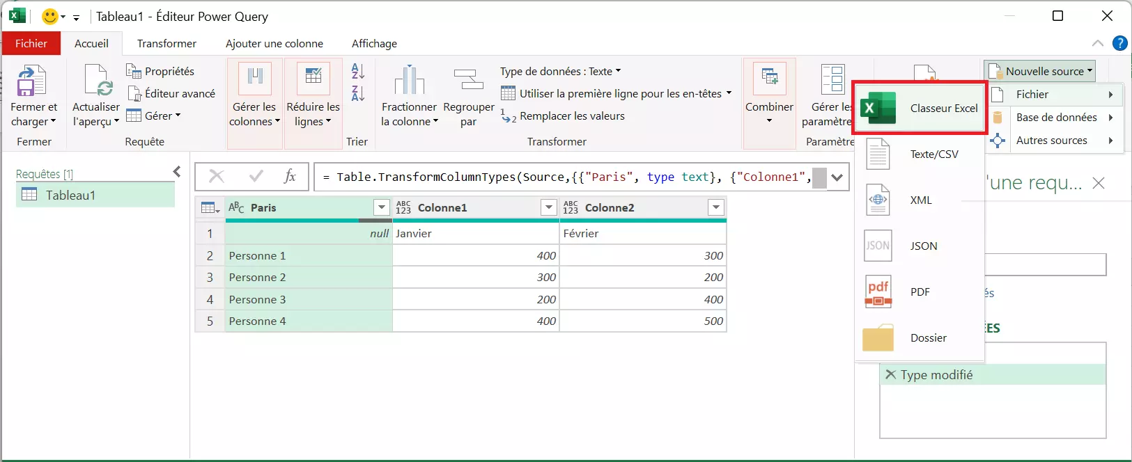 Importer un tableau Excel via « Nouvelle source », « Fichier » et « Excel »