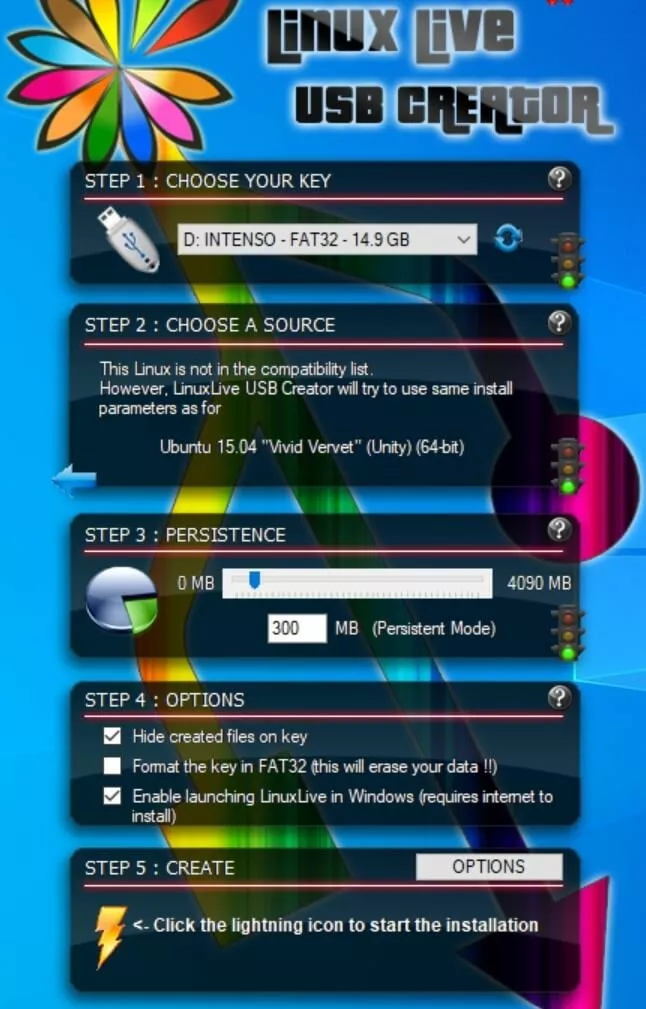 Sélection de la persistance à l’étape 3 : LinuxLive USB Creator