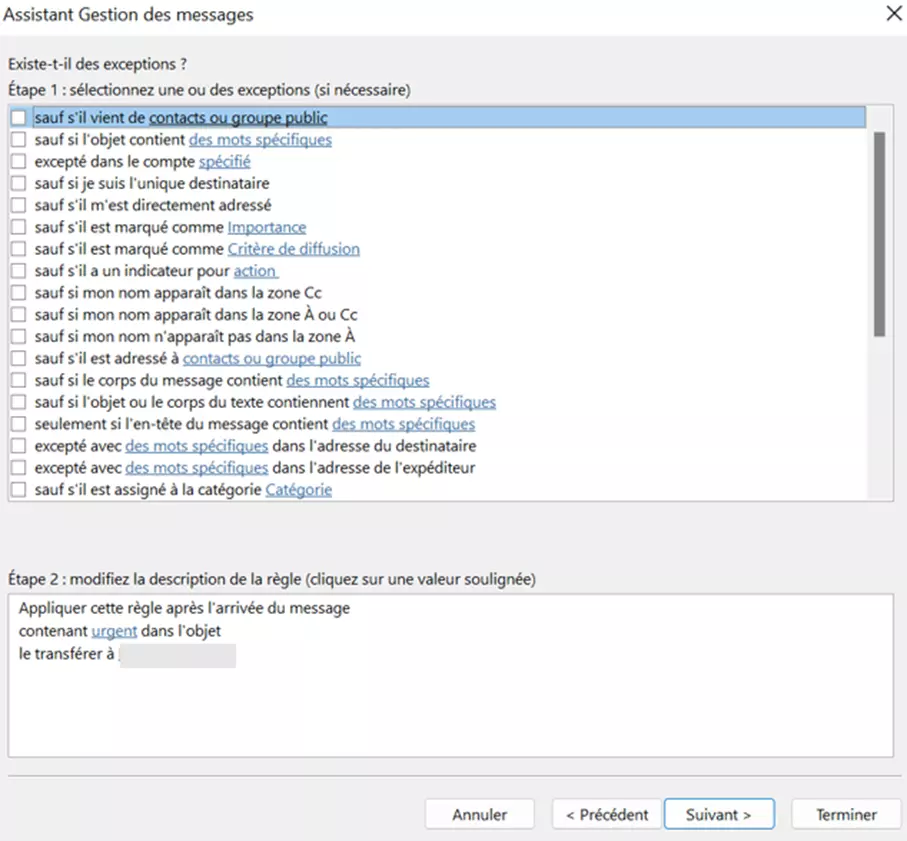 Outlook 365 : Assistant Gestion des messages et les exceptions