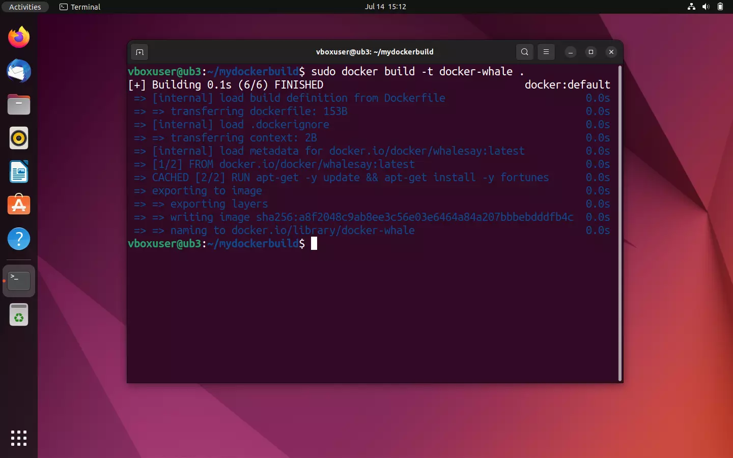 Terminal Ubuntu : pendant la création de l’image Docker