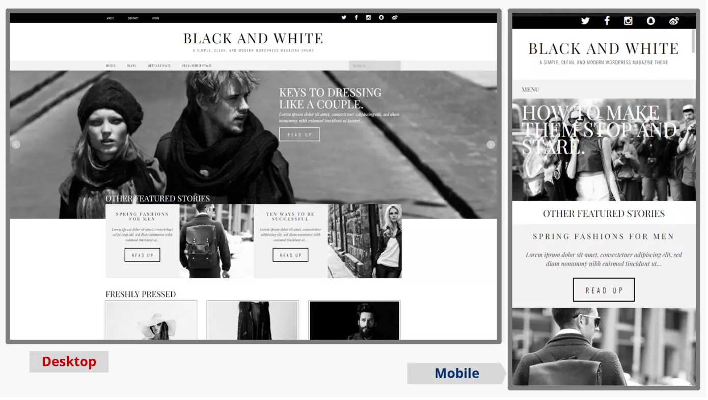 Captures d’écran sur mobile et bureau du thème WordPress Black and White