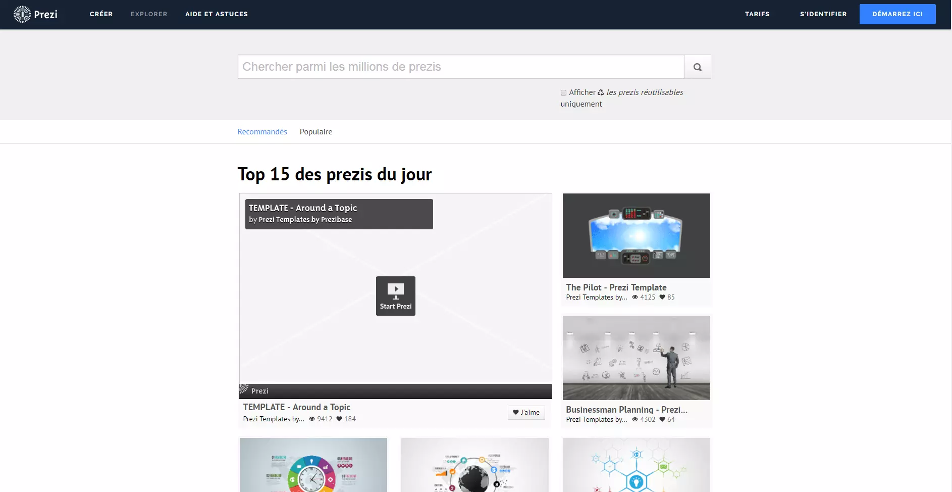 Screenshot de la page d’accueil Prezi