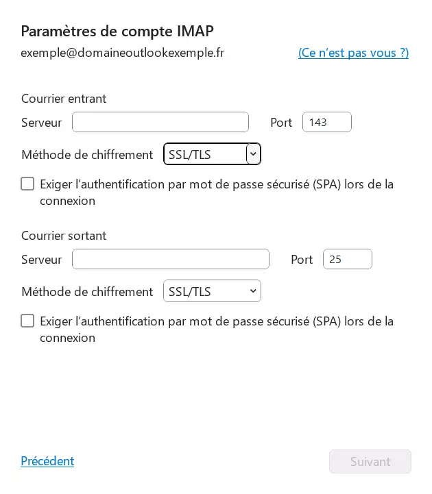 Paramètres du compte IMAP dans Outlook