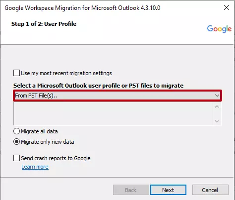 Google Workspace Migration for Microsoft Outlook : sélectionner un dossier PST