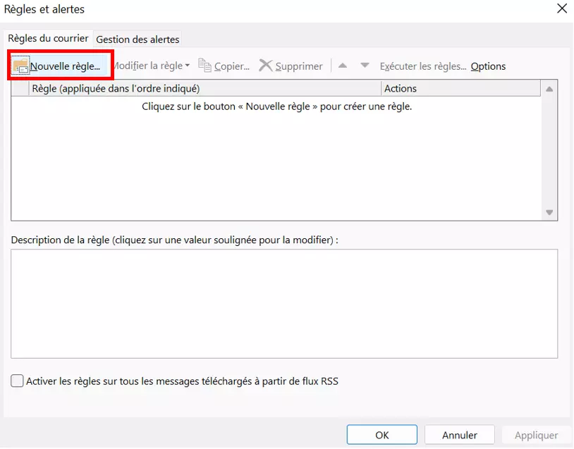 « Nouvelle règle… » dans « Règles et alertes » d’Outlook 365