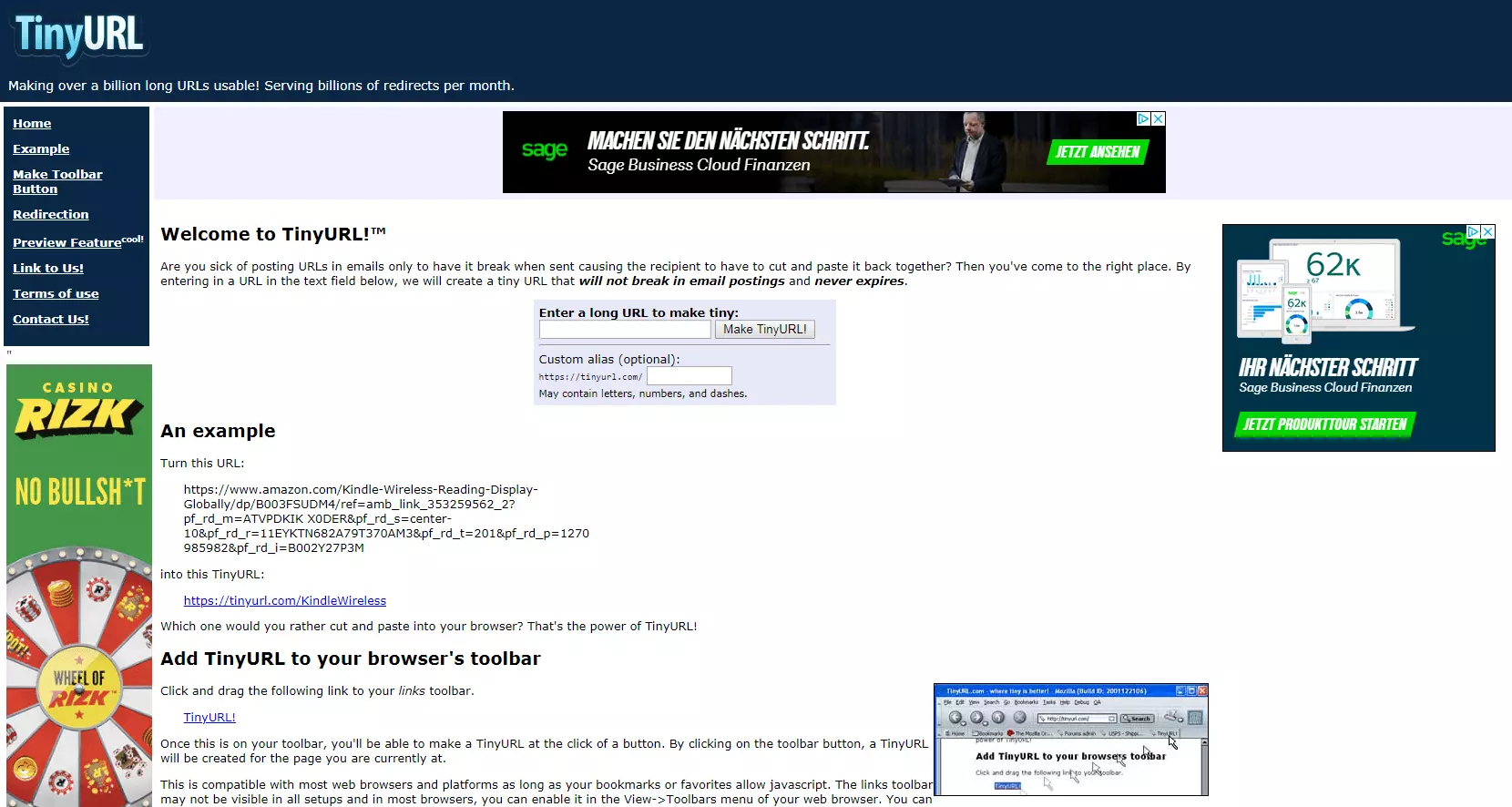 Capture d’écran de la page d’accueil de TinyURL