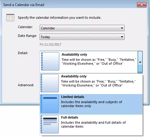 Outlook : Sélectionnez un niveau de détail pour le partage de votre calendrier par courrier électronique.