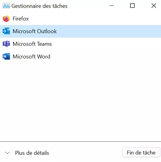 Fermer Outlook dans le Gestionnaire de tâches