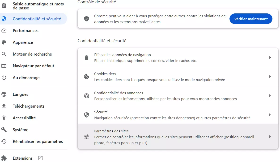 Google Chrome : paramètres des sites