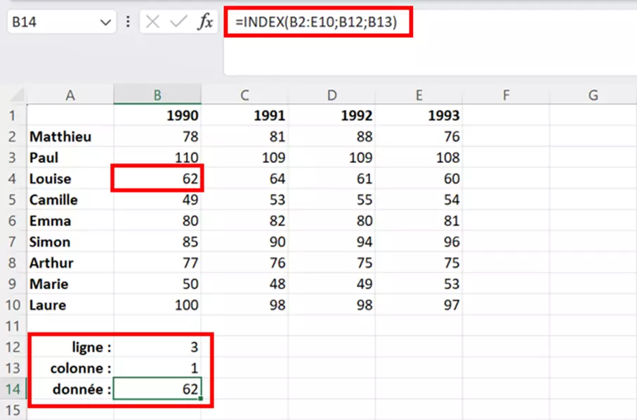 Tableau Excel avec une simple fonction INDEX