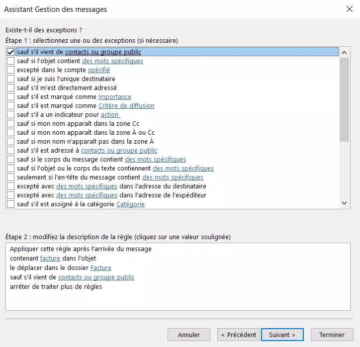 Assistant de règles Outlook : sélection de la condition d’exception