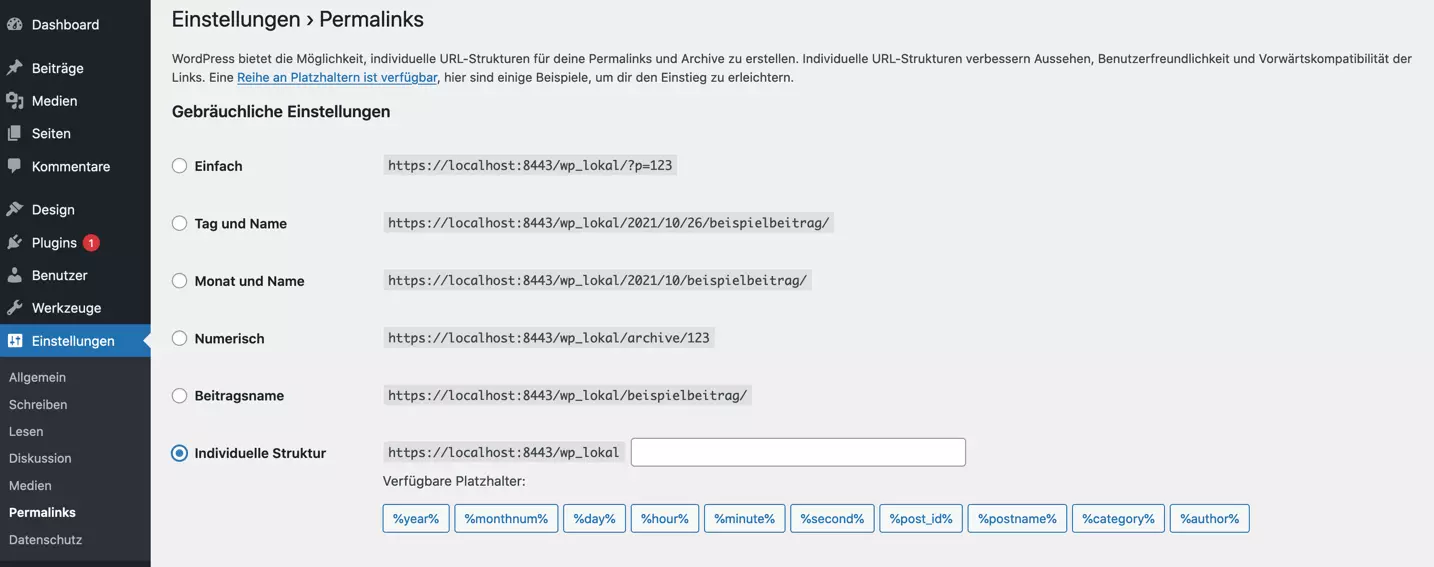 Paramètres des permaliens dans le tableau de bord de WordPress