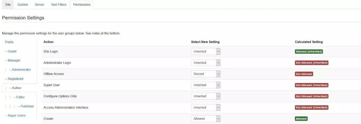 Joomla : Paramètres d’autorisation des groupes d’utilisateurs