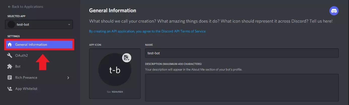 Définissez les détails du bot sous « Informations générales »