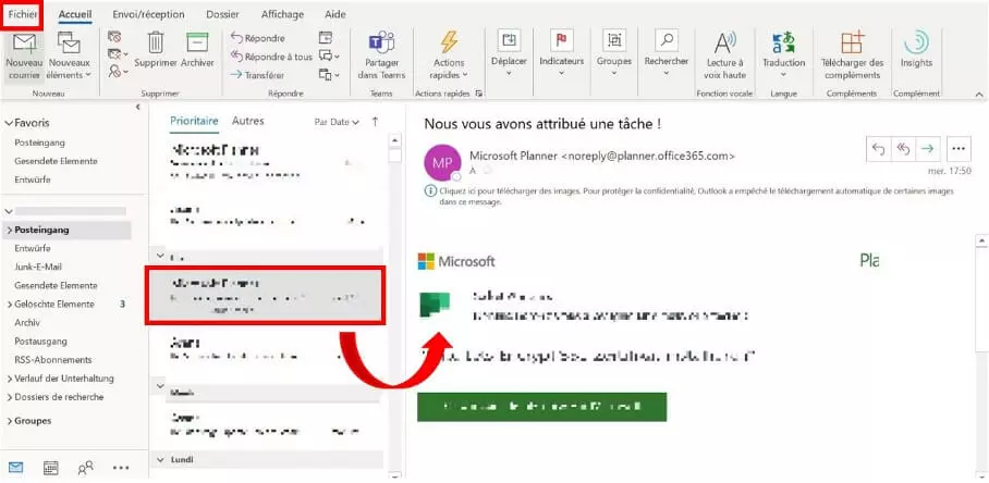 Programme de messagerie Outlook : l’onglet « Fichier » et le mail sélectionné pour l’impression sont mis en évidence.