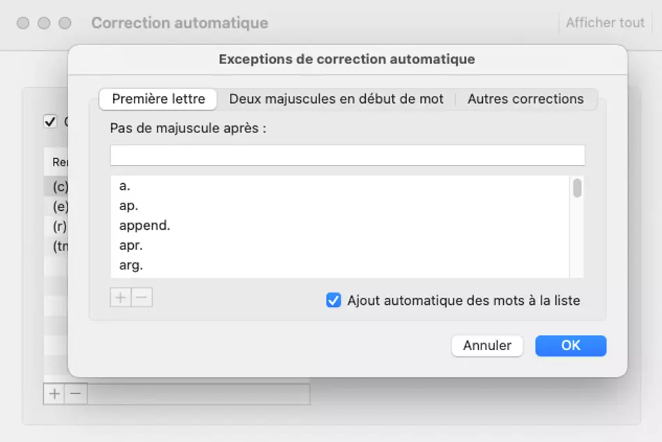 Outlook pour Mac : les exceptions de correction automatique