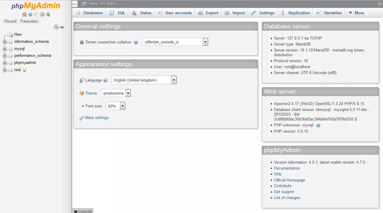 Interface Administrateur de phpMyAdmin