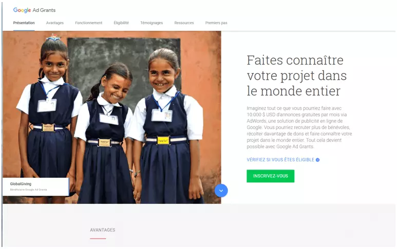 Page d’accueil de Google Ad Grants