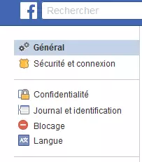 Onglet « Général » pour désactiver son compte Facebook