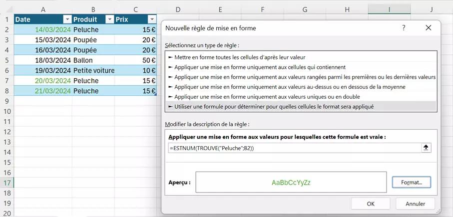 Formatage conditionnel sous Excel à l’aide de la fonction TROUVE