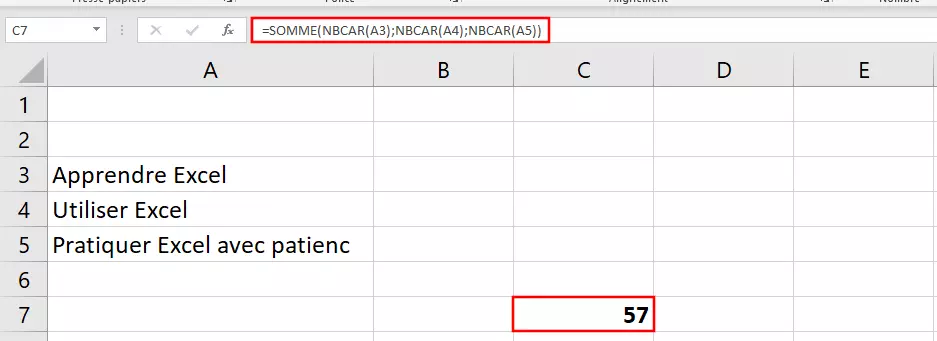 Excel : combinaison des fonctions NBCAR et SOMME