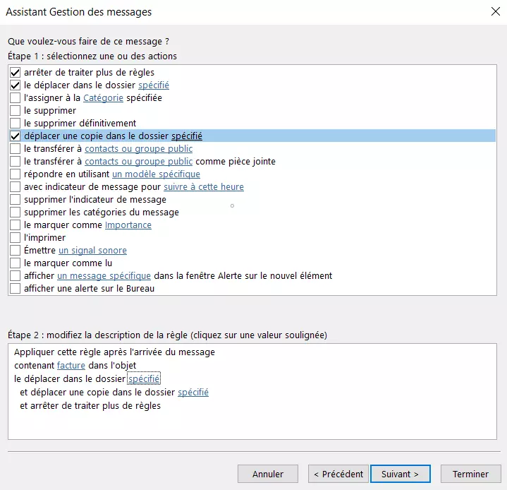Assistant de règles Outlook : sélection de l’action