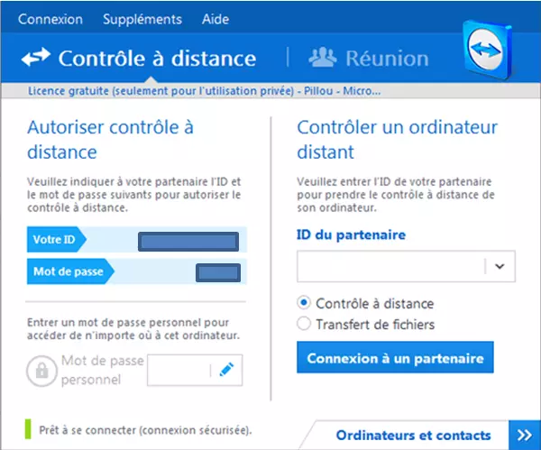 Fenêtre de dialogue de TeamViewer permettant d’établir une assistance à distance