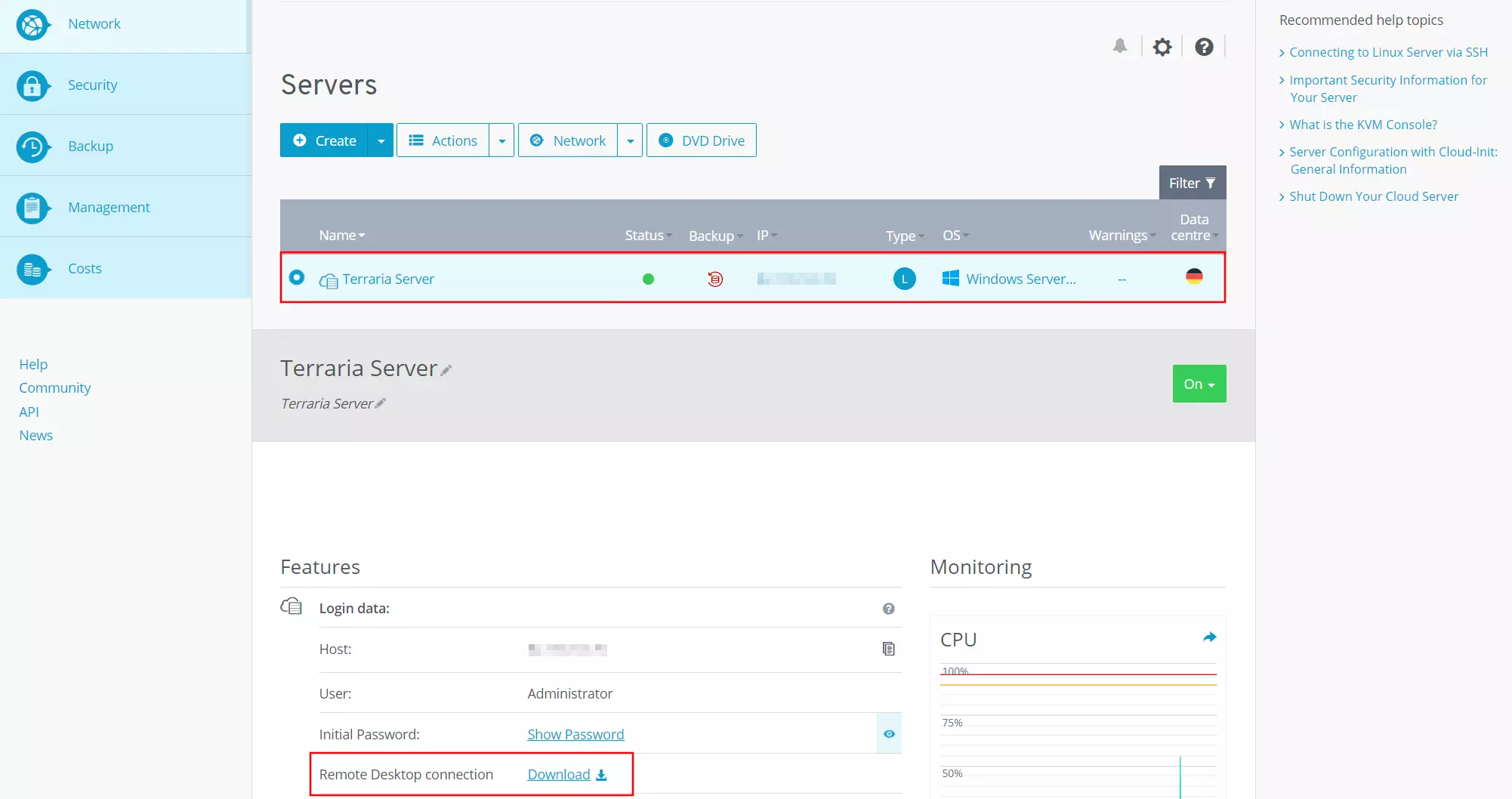 Cloud Panel de IONOS : aperçu du serveur