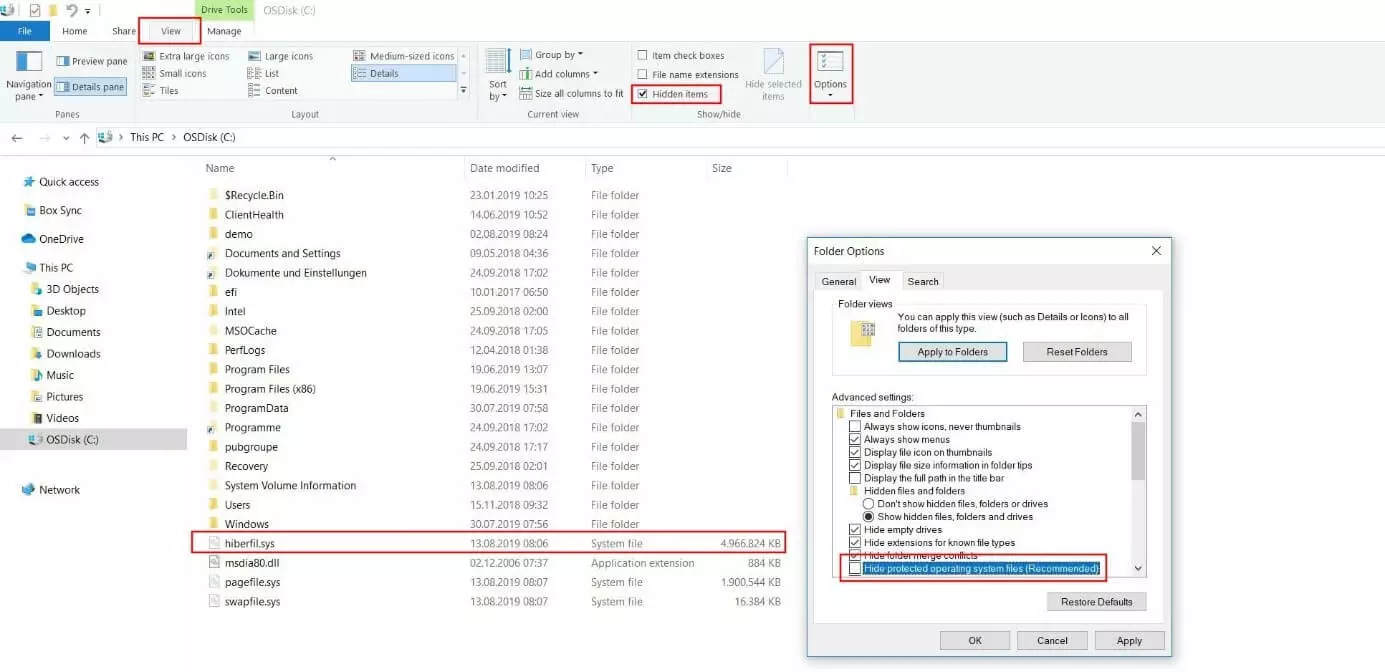 Fichier hiberfil.sys affiché dans le répertoire source de la partition de Windows