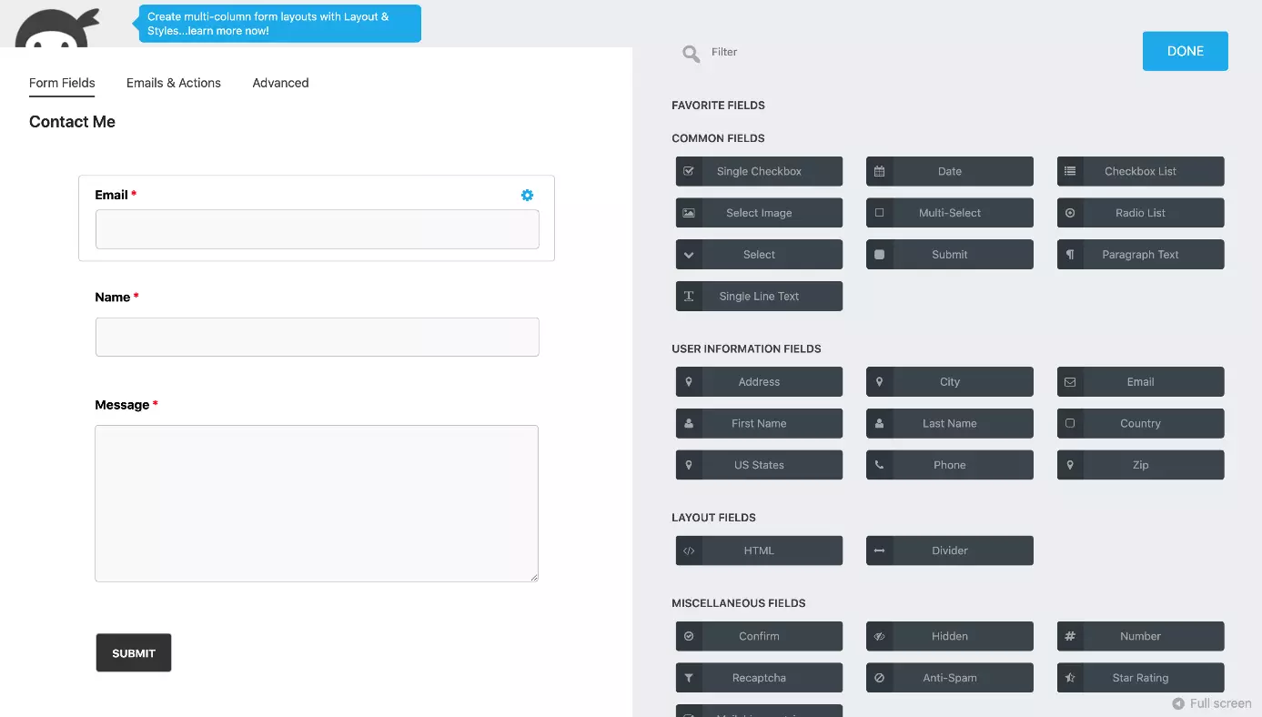 Ninja Forms comprend un éditeur drag-and-drop très facile à utiliser