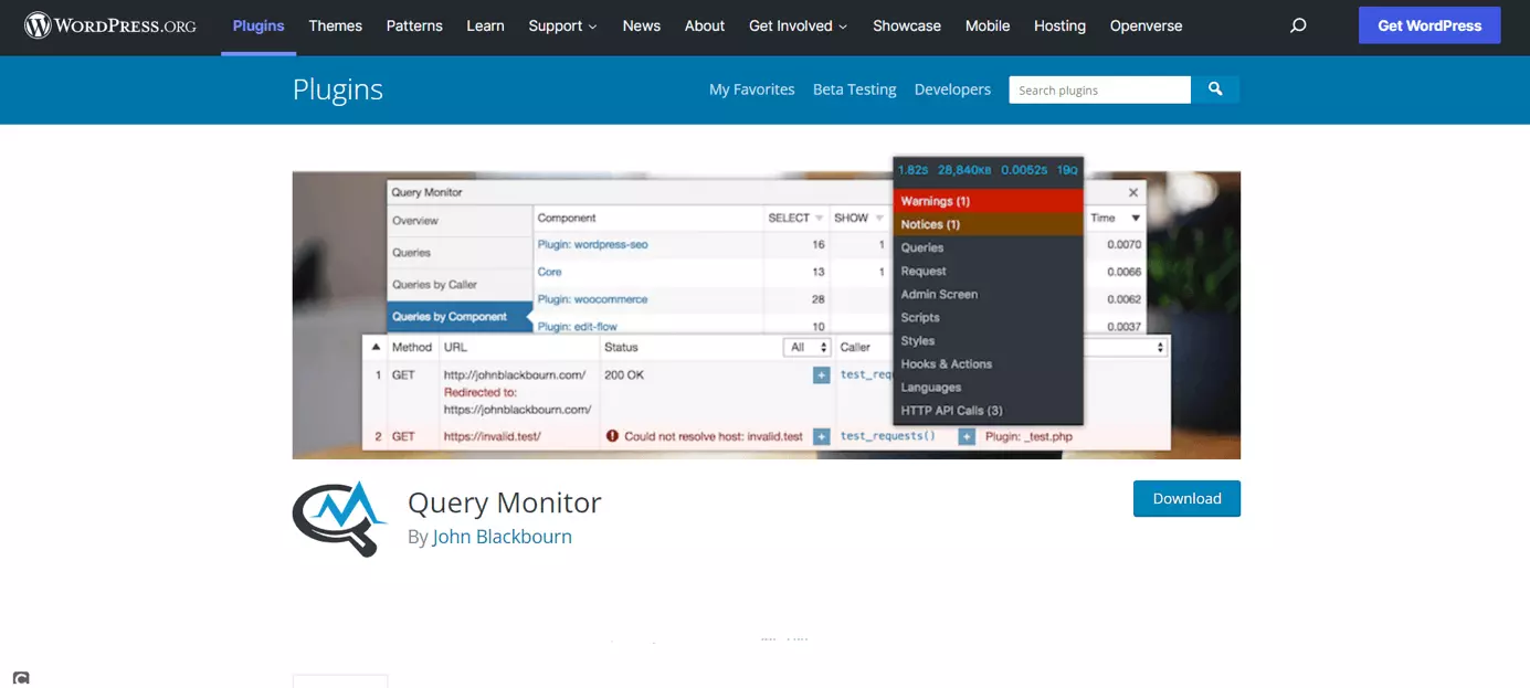 Page d’accueil du plugin développeur Query Monitor