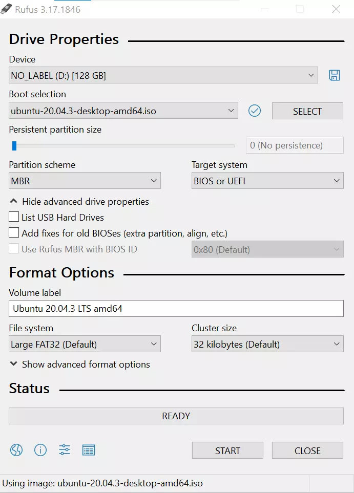 Interface utilisateur du logiciel Rufus