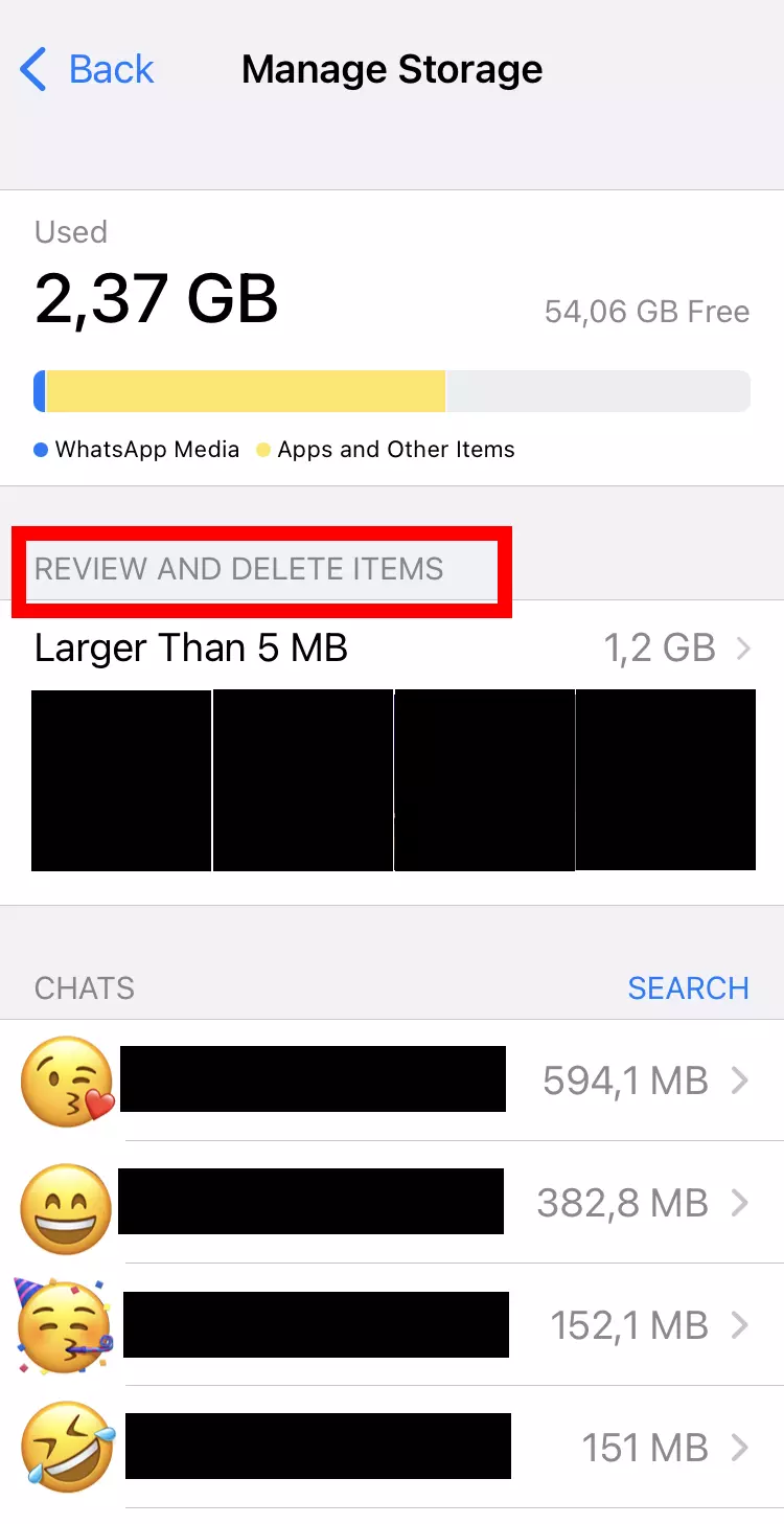 Capture d’écran iPhone de la gestion du stockage sur WhatsApp