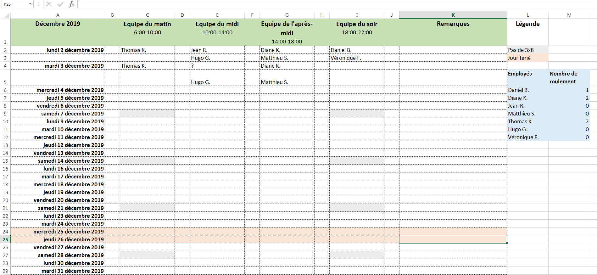Planning avec roulement  Modèle Excel gratuit - IONOS